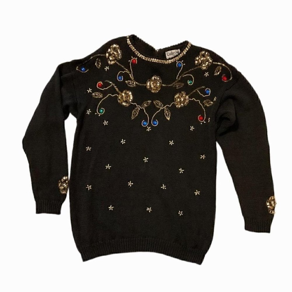 Rare Vintage  90s Granny core Black Jeweled Sweater Size Small